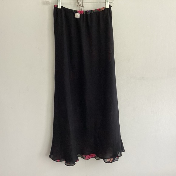 90s y2k Fairycore Gauze Lined Flowy Rose Print black background midi maxiskirt S - Picture 11 of 12